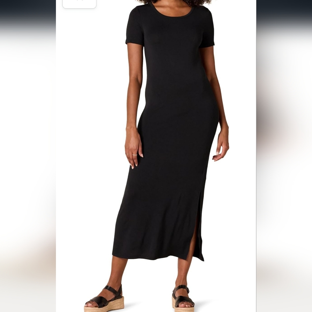 Amazon Essentials short sleeve crewneck side slit maxi dress, M, black